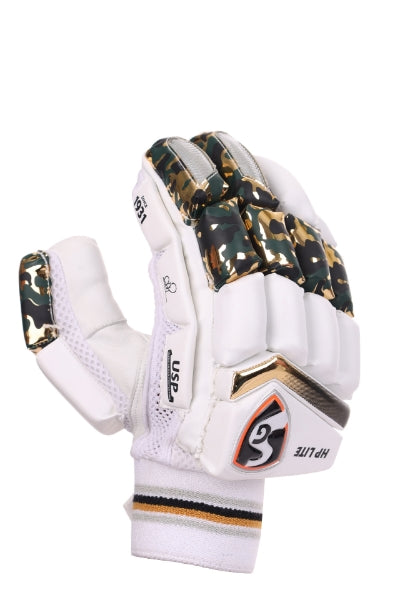 Side view profile of white and camo SG HP Lite youth cricket batting glove for left hand batsman