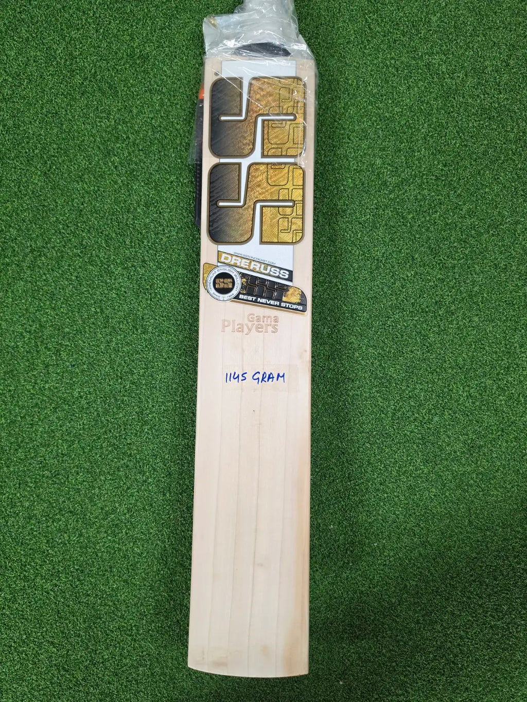 Front face view of SS Ton Gama Player D.Russel English Willow Cricket Bat with 1145g weight mark at Alberta Cricket Store