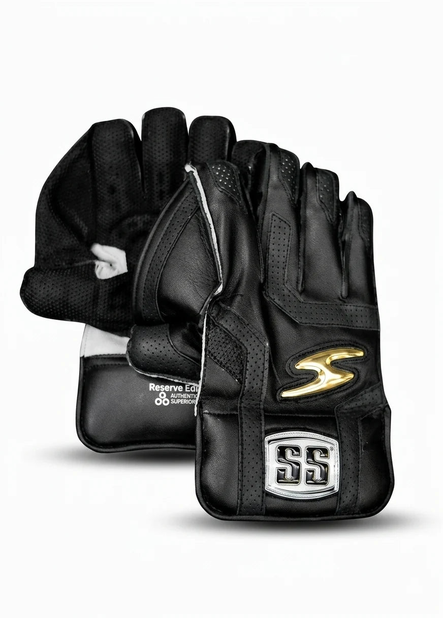 Black SS Wicket Keeping Glove Reserve Edition showing octopus rubber palm holding a red cricket ball