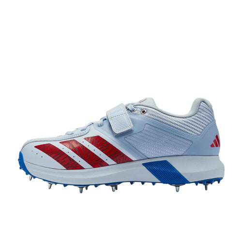 Light blue Adidas adiPower Victor Incurza cricket shoes with red stripes and metal spikes on the outsole