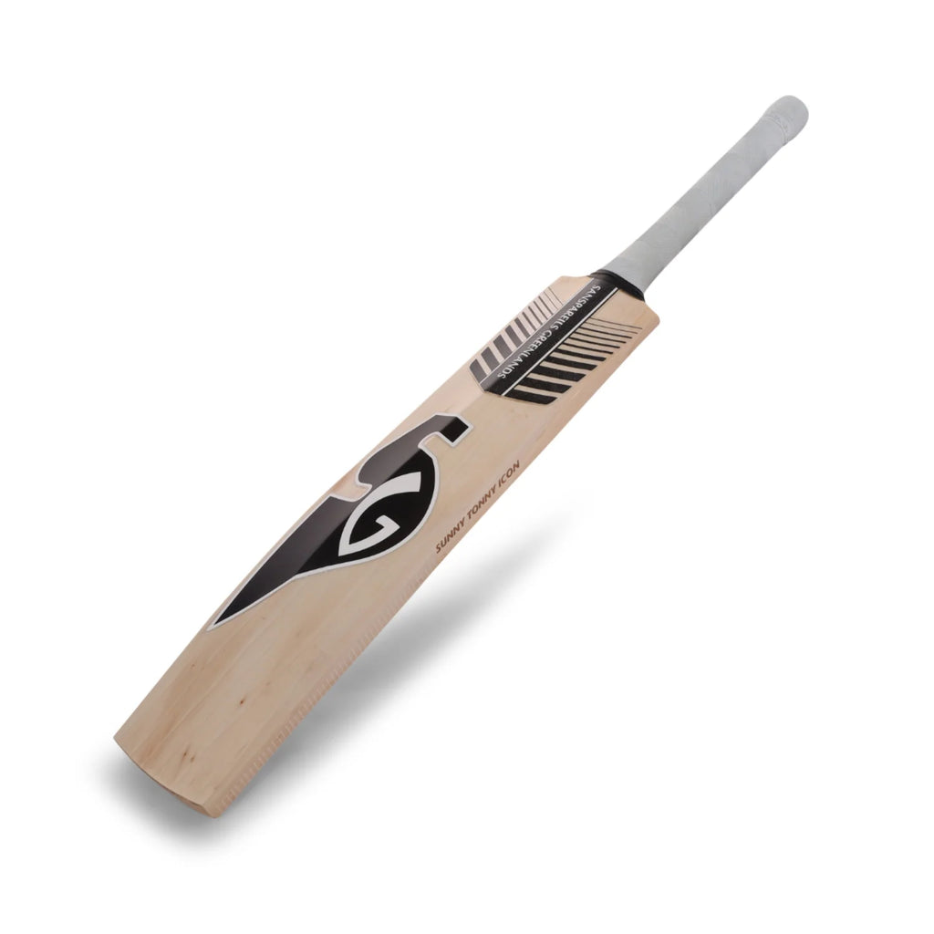 Complete angled showcase view of the SG Sunny Tonny Icon Black English Willow Cricket Bat, displaying its bold matte black-and-silver SG branding decals, a thick curved spine, and a clean white handle grip.