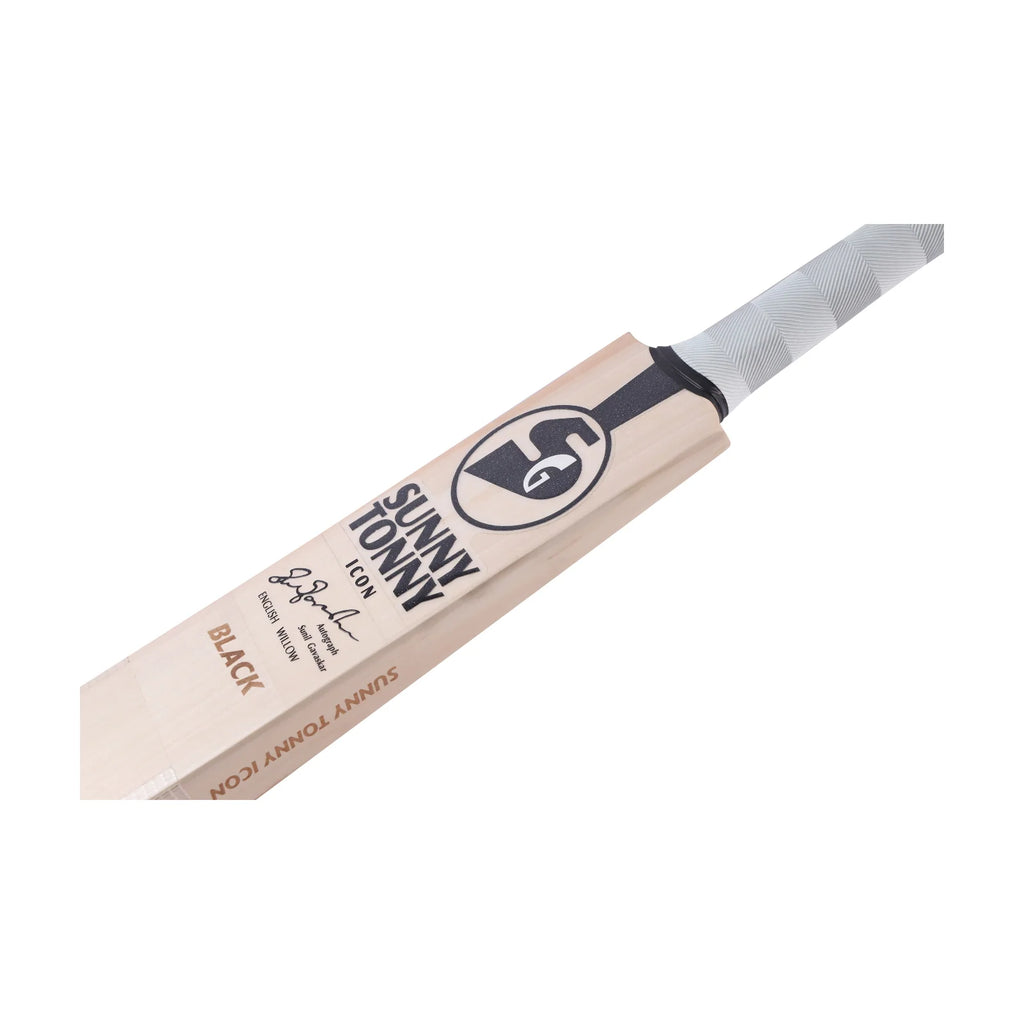 Close-up angled view of the upper face of the SG Sunny Tonny Icon Black English Willow Cricket Bat, showcasing the prominent black SG logo, Sunny Tonny Icon signature branding, and straight wood grains.