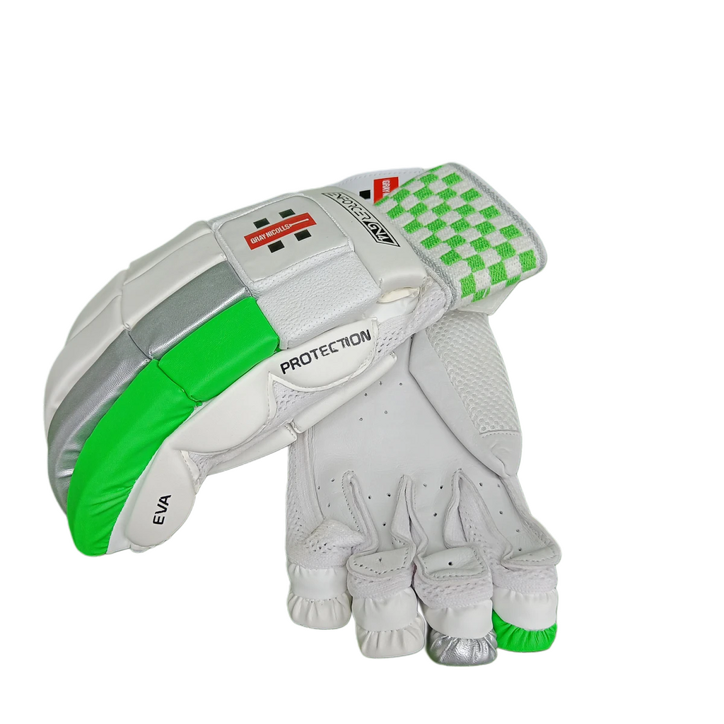 Palm view of Gray-Nicolls Enforcer Adult Cricket Batting Gloves showing premium leather palms, ventilation perforations, and green side finger protection from Albertacricketstore.com.