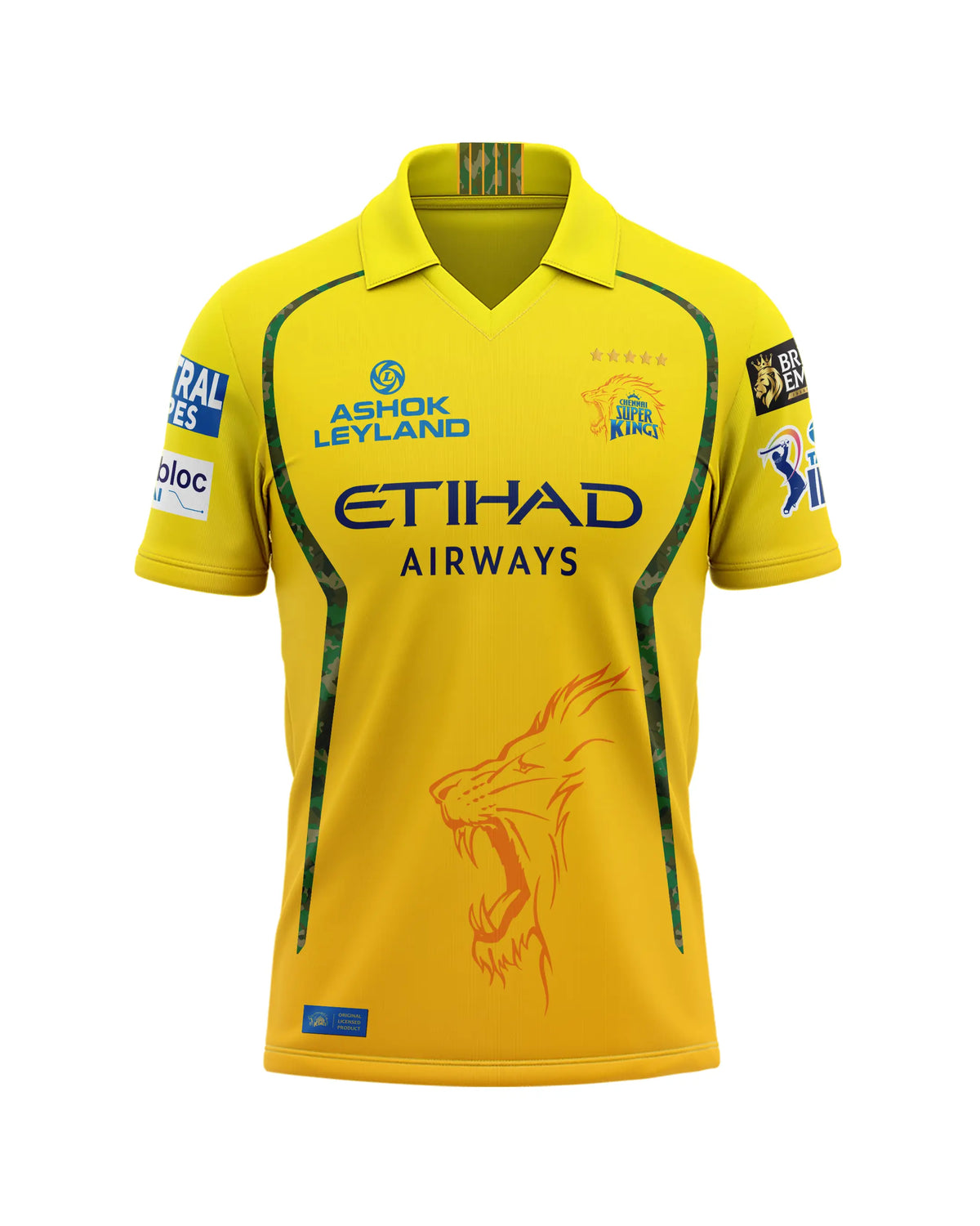 Official yellow Chennai Super Kings IPL jersey with Etihad Airways and Ashok Leyland logos