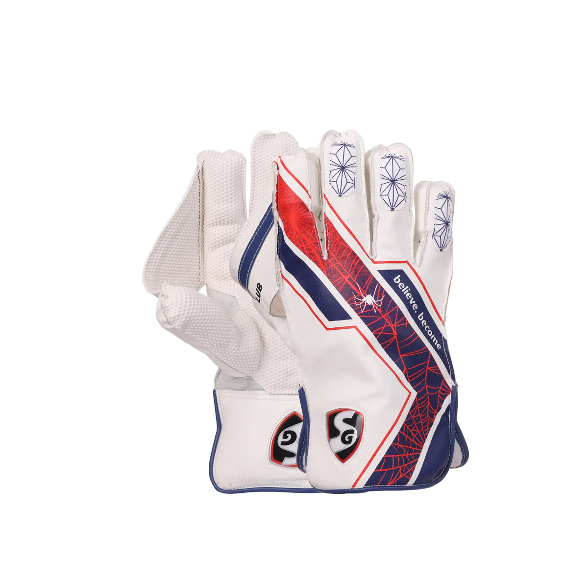 SG Club Wicket Keeping Gloves Junior pair in white, red, and blue with rubber grip palm on a white background.