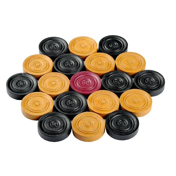 Wooden carrom coins arranged in a traditional setup with a central red queen surrounded by yellow and black pieces