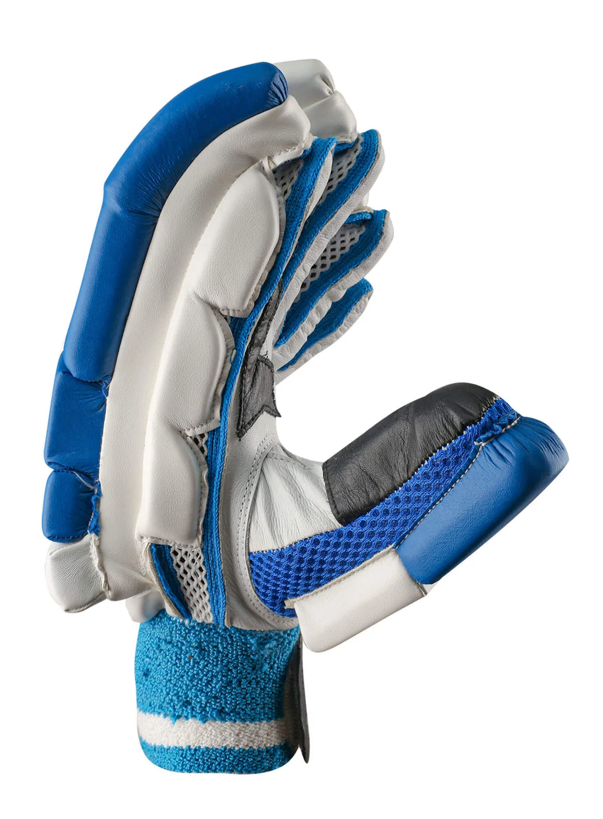 Side profile view of CA Plus 8000 adult right-hand batting glove in white, blue, and black.
