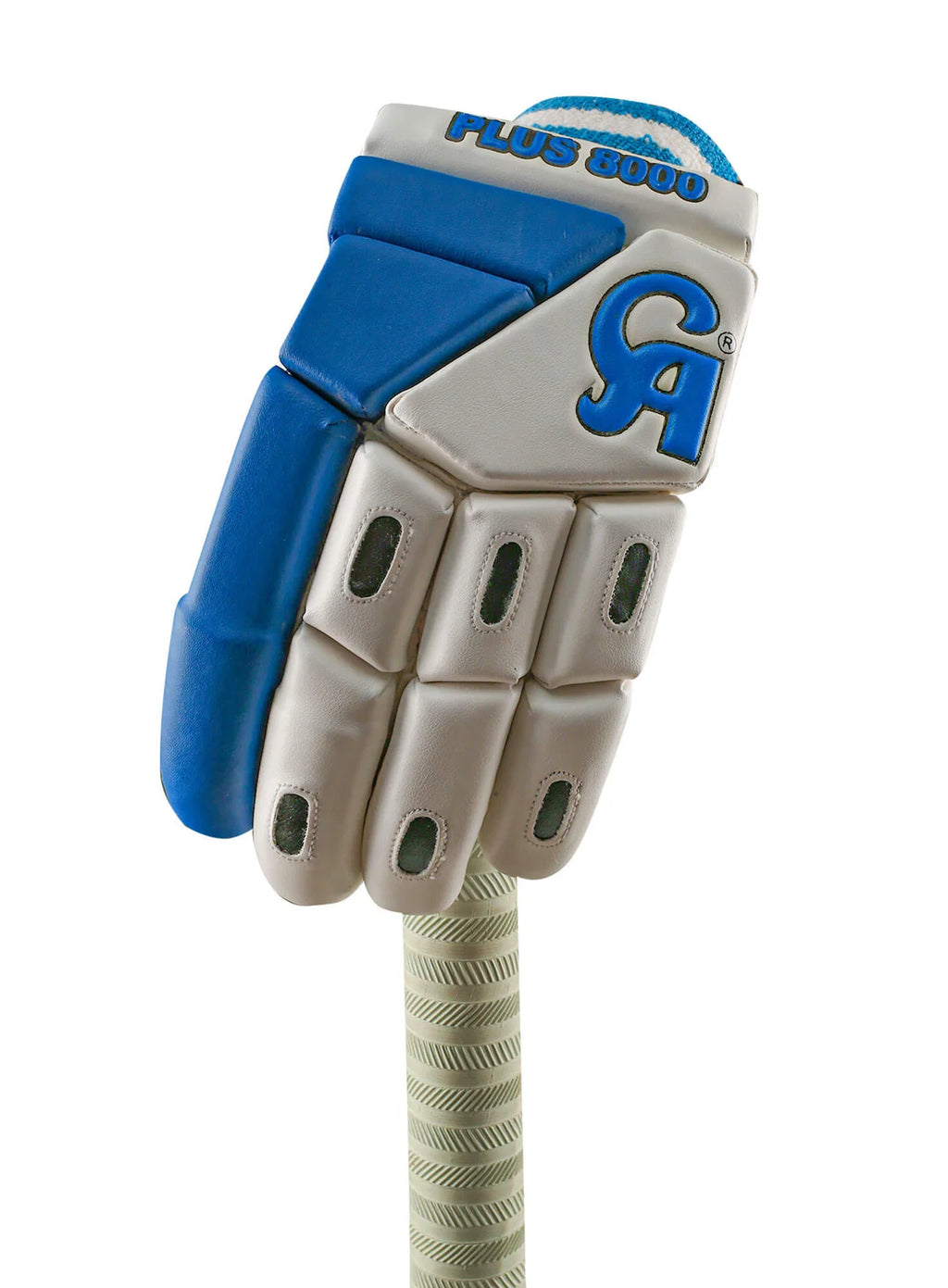 Front outer view of CA Plus 8000 adult right-hand batting glove in white and blue gripping a bat handle.