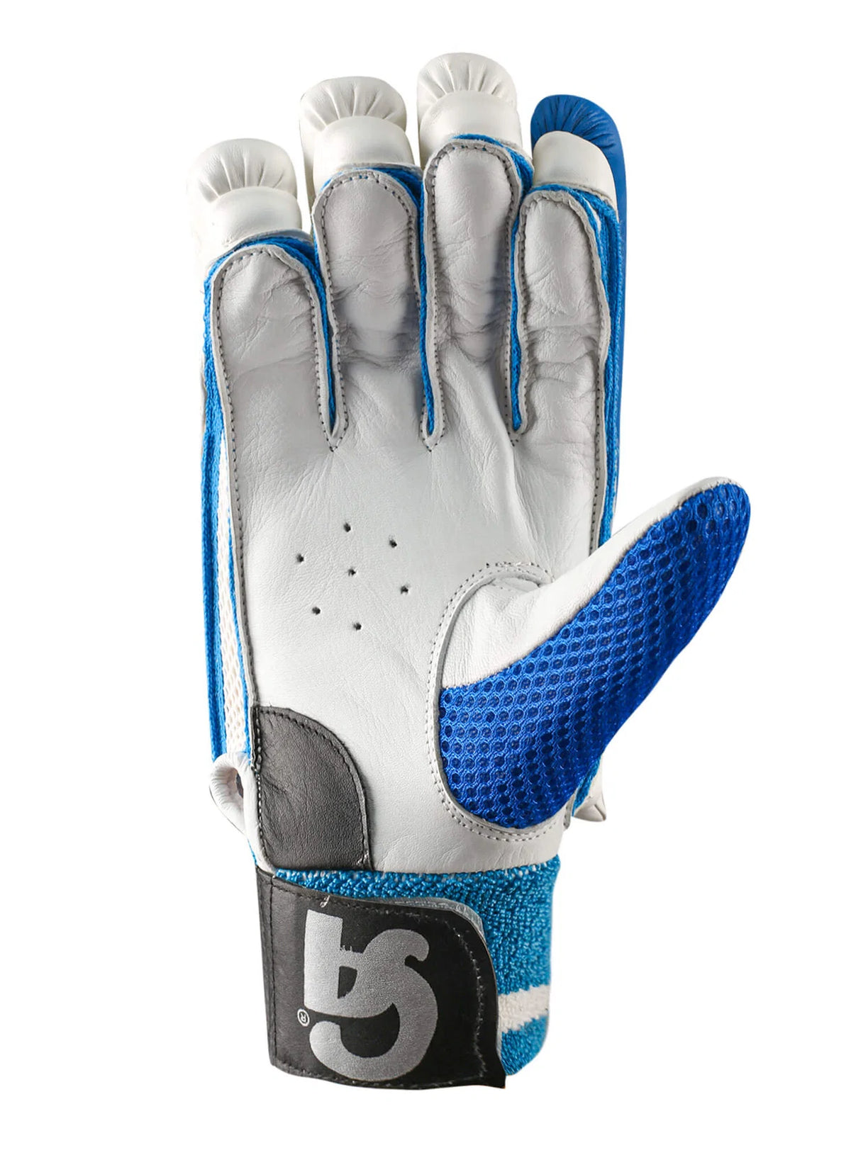 Palm view of CA Plus 8000 adult right-hand batting glove in white leather with blue mesh trim.