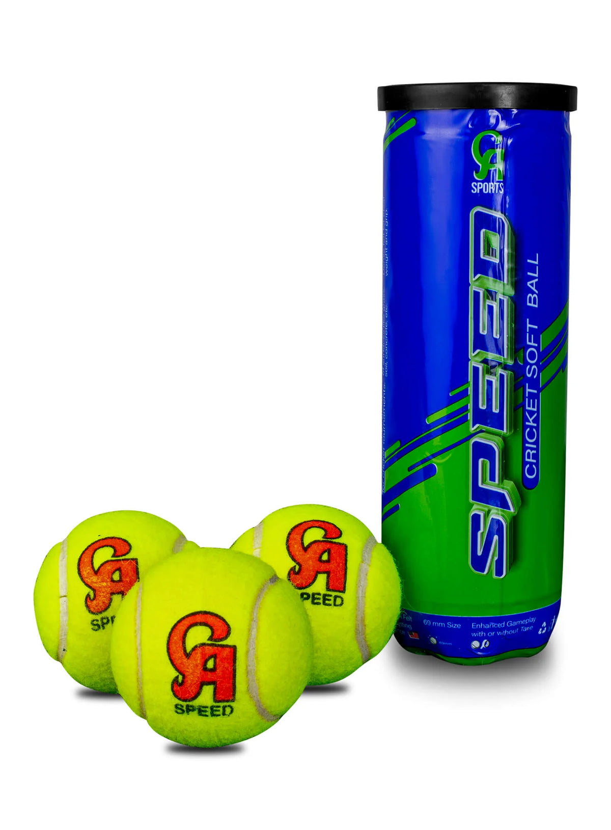 Pack of three neon green CA Speed soft cricket training balls with blue and green storage tube - Alberta Cricket Store