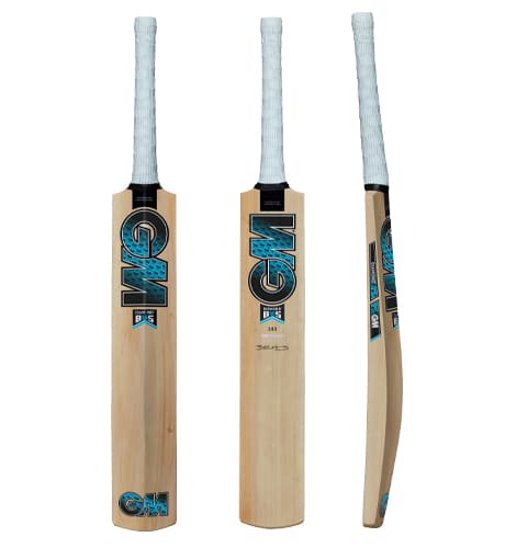 GM Diamond 202 Kashmir Willow Short Handle cricket bat showing front, back, and side views with blue graphics and white grip at Alberta Cricket Store.