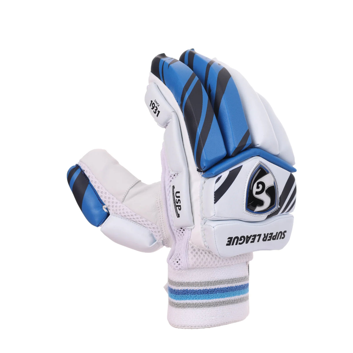 SG Super League batting gloves left hand blue white premium leather Alberta Cricket Store