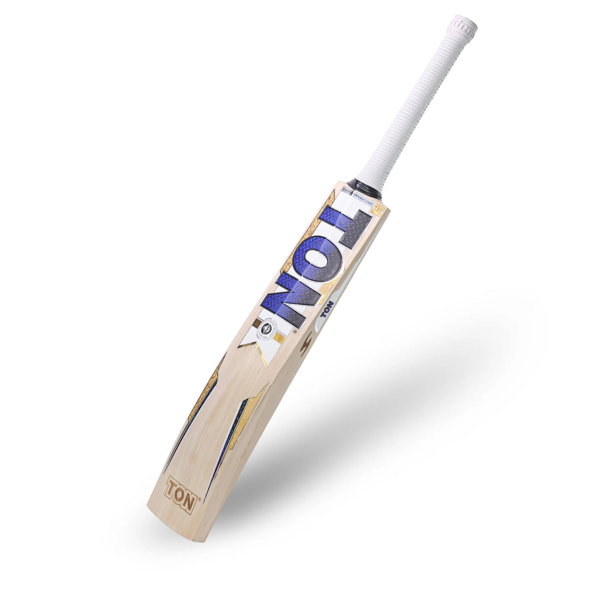 Complete angled showcase view of the 2026 SS TON Reserve Edition English Willow Cricket Bat showcasing its striking blue, silver, and gold TON decals on the spine and a white textured grip.