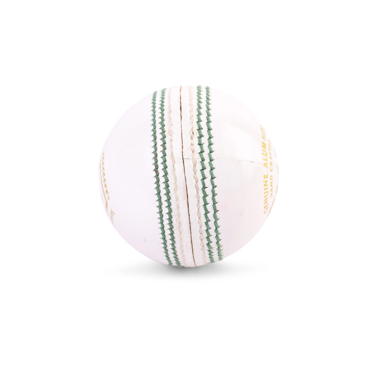 Close-up view of the prominent hand-stitched green seam on a four-piece white SG Club leather cricket ball.
