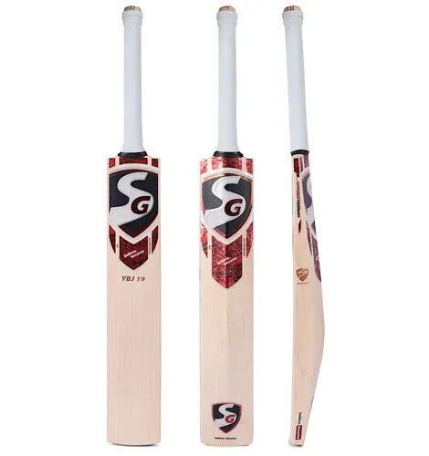Three-view collage of the 2026 SG Yashasvi Jaiswal YBJ 19 English Willow Cricket Bat showcasing its front face, back spine, and side profile with red, black, and silver SG decals.