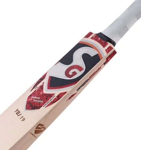 SG Yashasvi Jaiswal Cricket Bat front profile with red stickers and white grip at Alberta Cricket Store