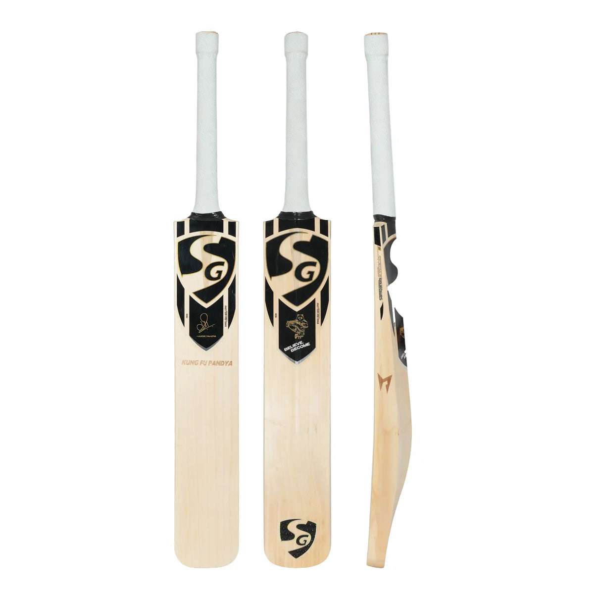 SG Kung Fu Pandya Cricket Bat front back and side profile views with black and gold stickers at Alberta Cricket Store