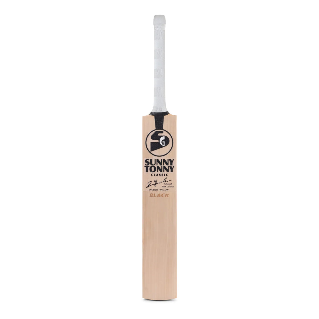 Close-up front view of SG Sunny Tonny Classic English Willow Cricket Bat Black Edition at Alberta Cricket Store.