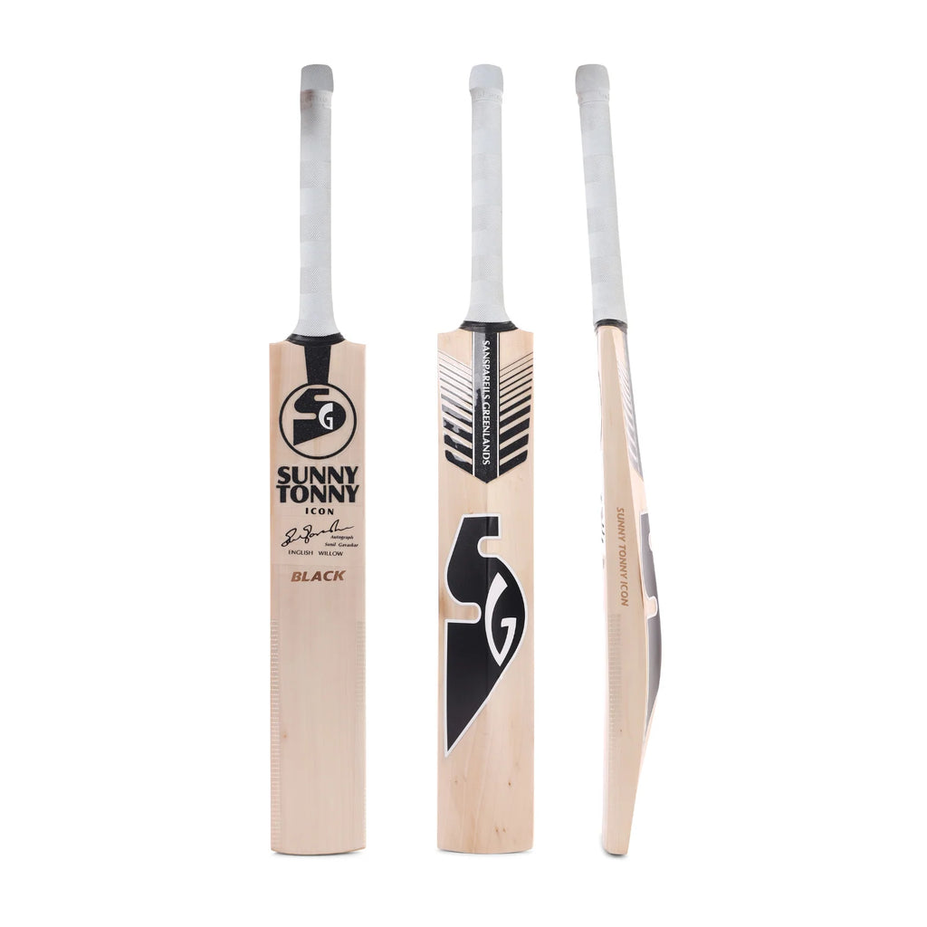 Three-angle product showcase of the SG Sunny Tonny Icon Black English Willow Cricket Bat, displaying its straight-grained front face, spine with striking black and silver SG branding, and curved side profile with a white grip.