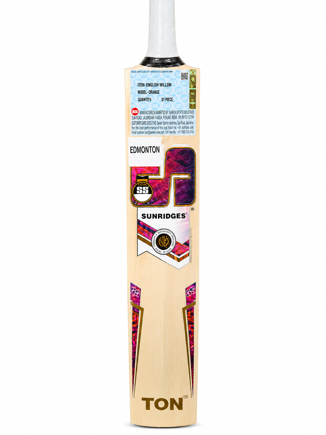 SS Orange English Willow Cricket Bat Back Profile View at Alberta Cricket Store Canada