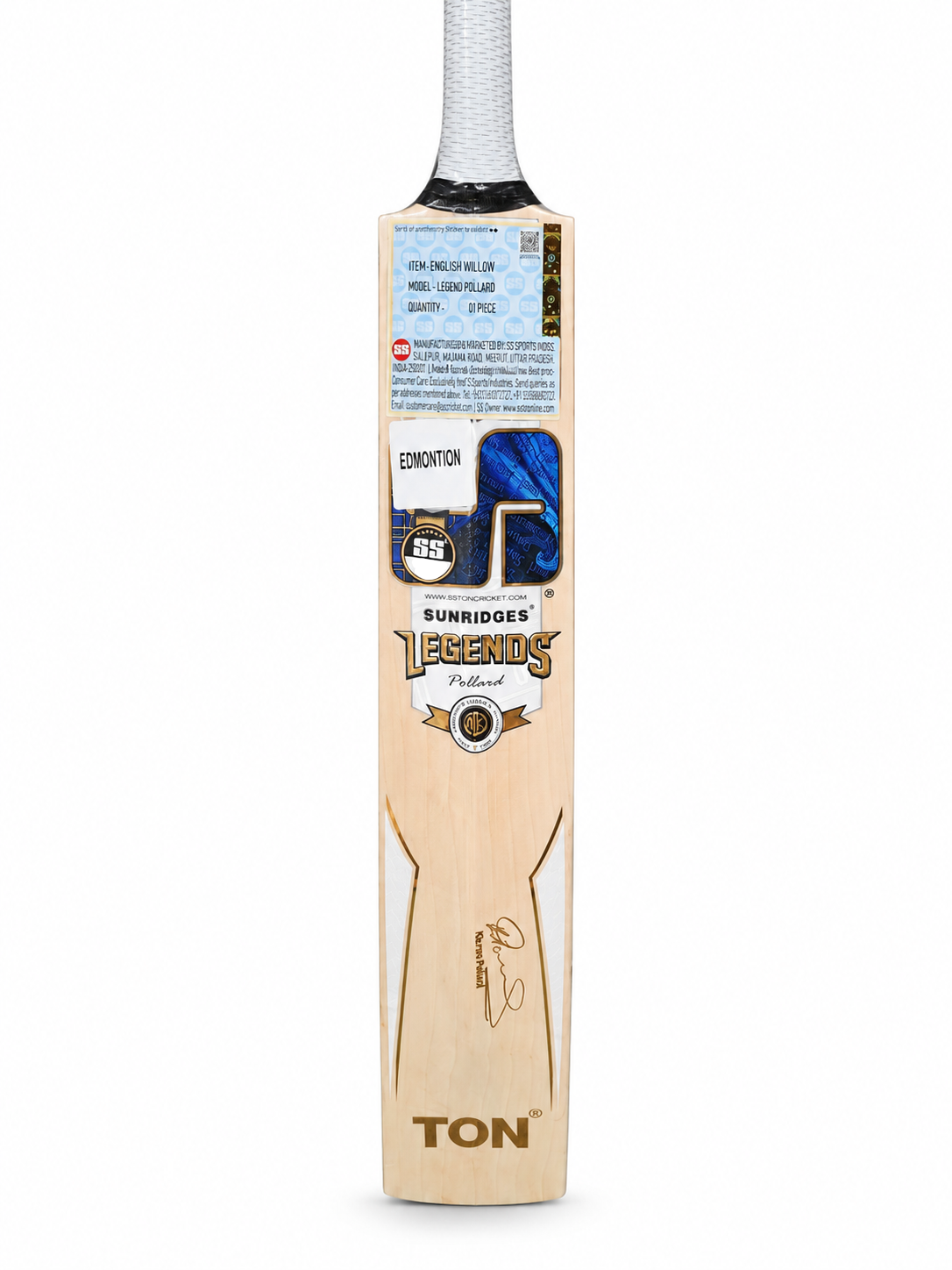 SS Legend Kieron Pollard English Willow Cricket Bat Specifications Sticker Close Up at Alberta Cricket Store Canada