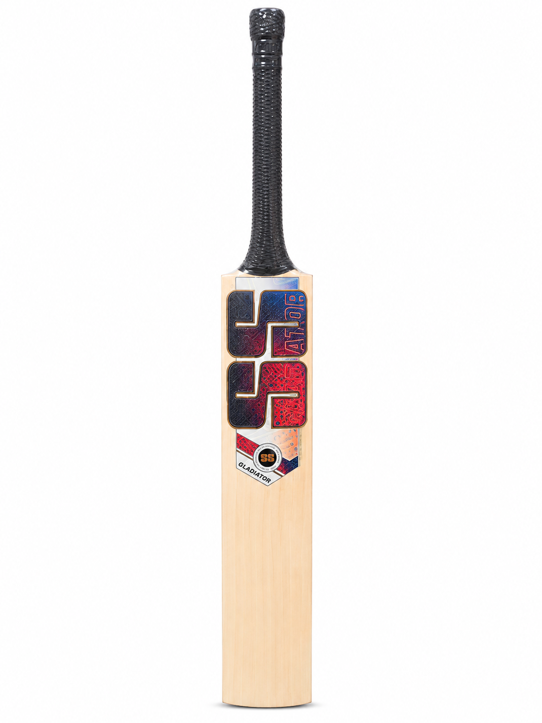 Front blade face view of the SS Gladiator Super Player Grade Edition English Willow Cricket Bat featuring signature premium red and blue metallic stickers, clean straight wood grains, and a textured black rubber handle grip.