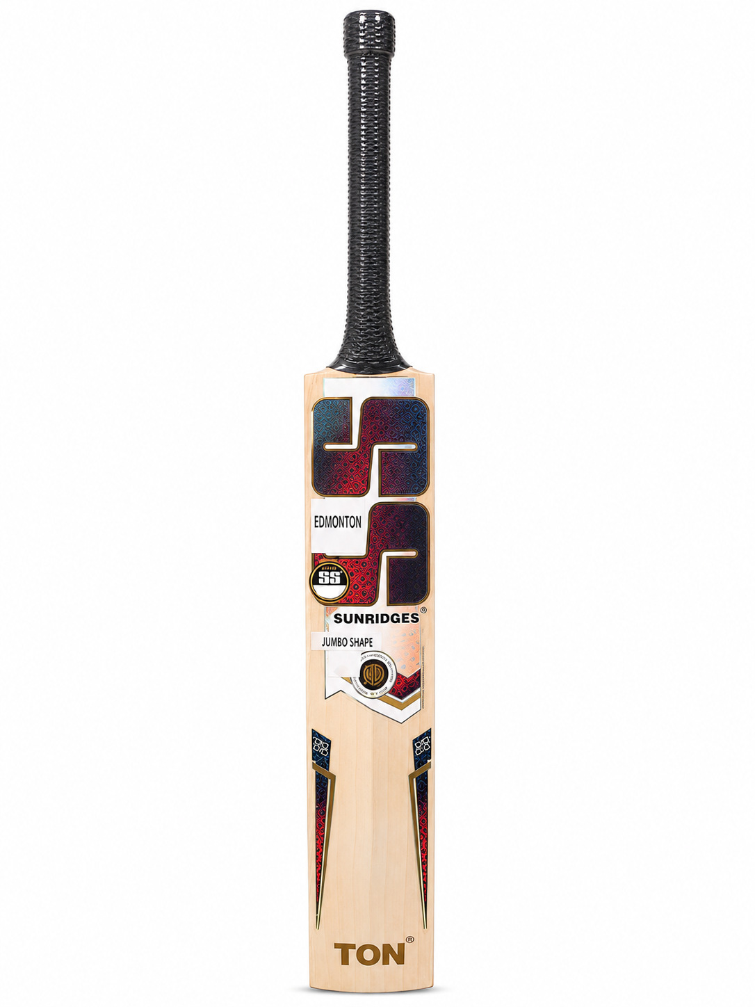 Close-up view of the premium black textured rubber handle and upper shoulder profile of the SS Gladiator Super Player Grade Edition English Willow Cricket Bat with a transparent background.