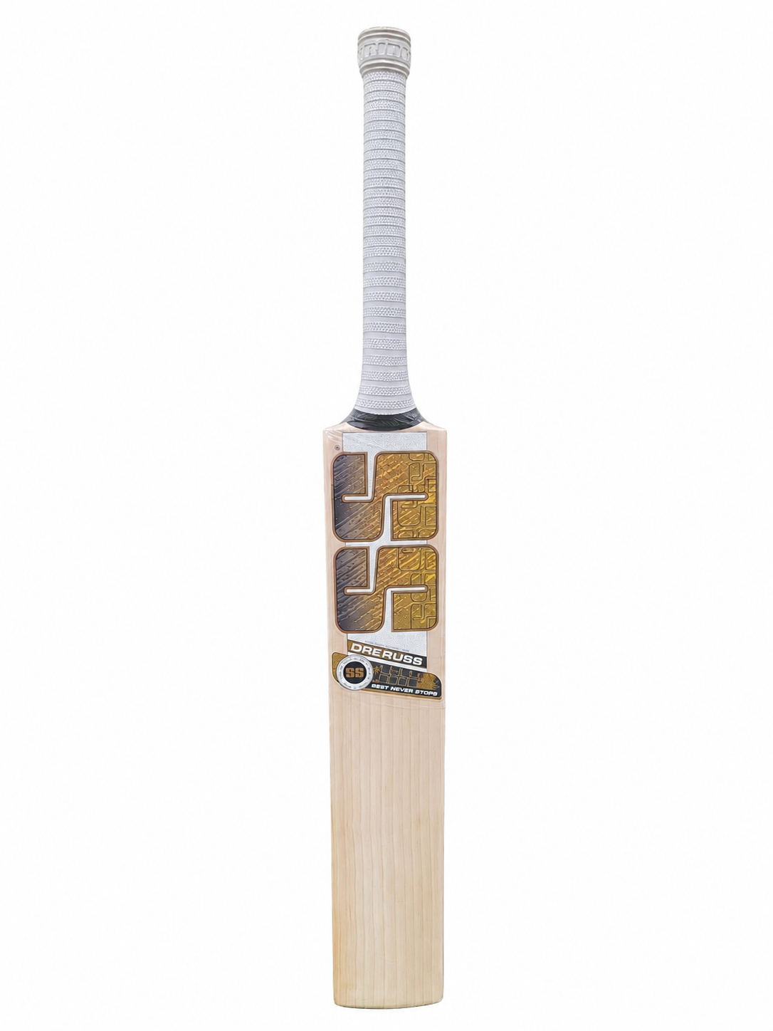 Front blade view of the SS Andre Russell Actual Player Edition English Willow Cricket Bat featuring signature premium gold and black SS decals, straight wood grains, and a textured white rubber handle grip.