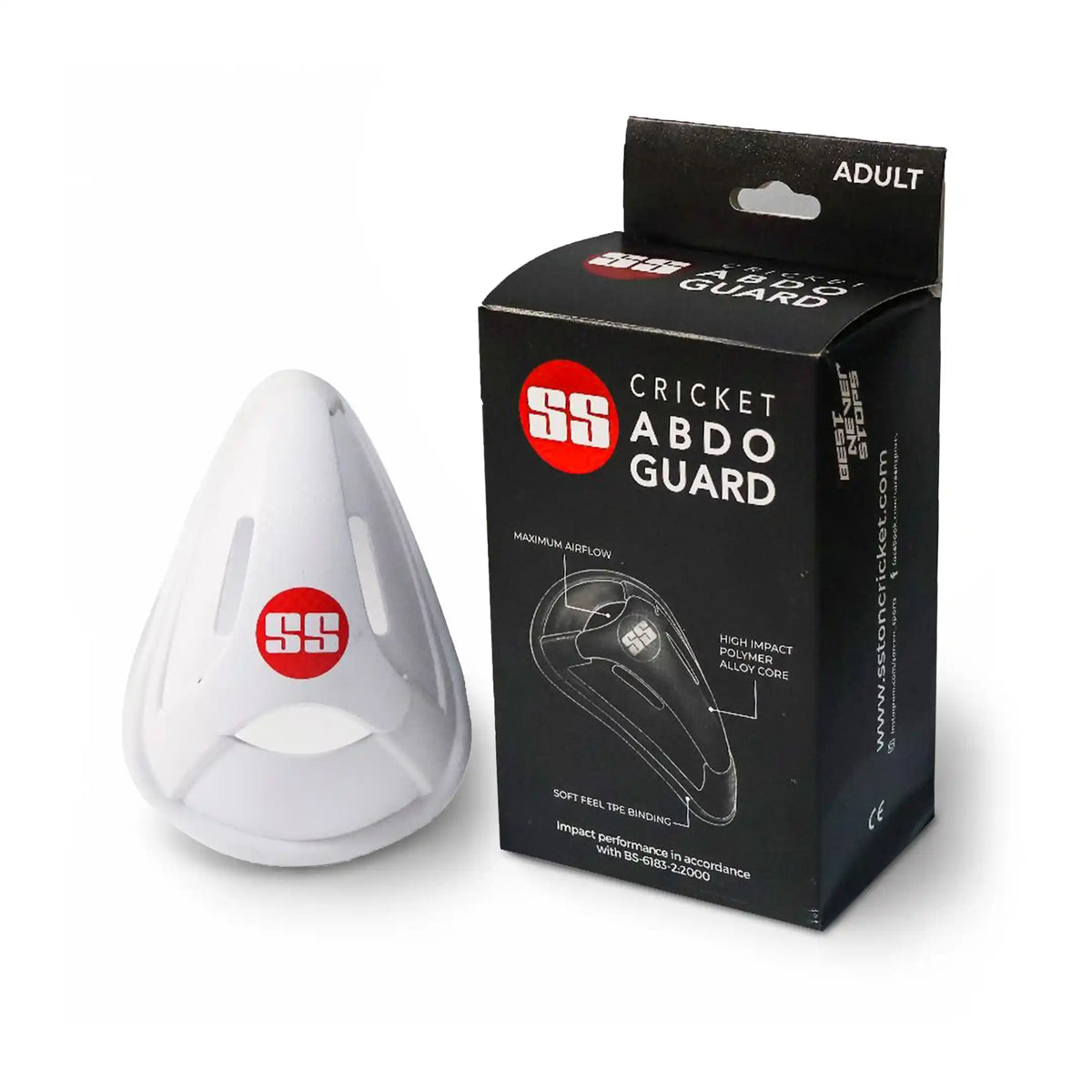 White SS Player adult cricket abdominal guard with red logo standing next to its retail box packaging