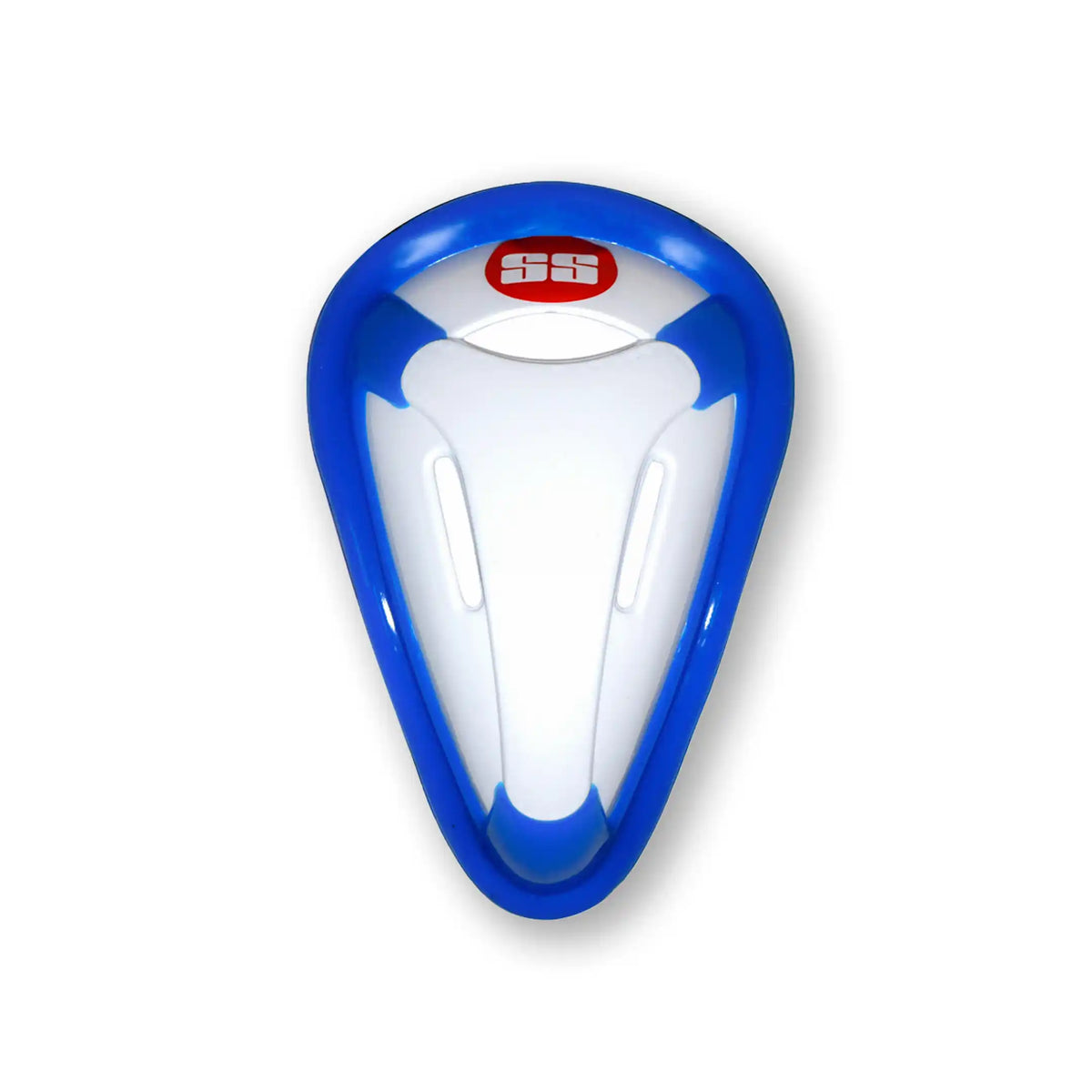 White SS Premium adult cricket abdominal guard standing next to its branded retail box