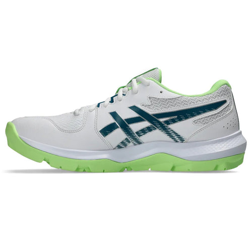 Side profile view of Asics Gel-Peake 3 cricket shoe in white with dark teal side stripes and bright lime green sole and inner lining