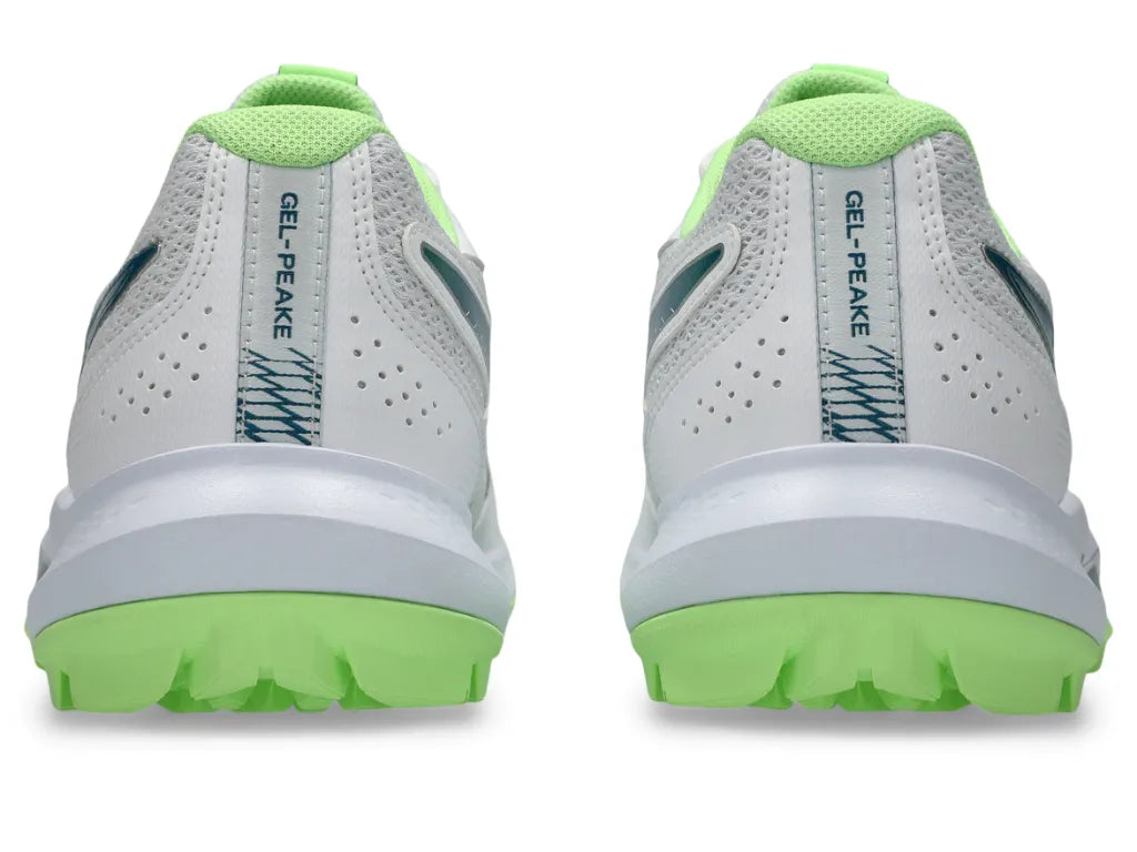 Rear heel view of Asics Gel-Peake 3 Rubber Cricket Shoes featuring light green padded ankle collars and grey mesh upper details