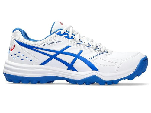 Side profile view of ASICS Gel Lethal Field cricket shoe facing right in white and tuna blue.