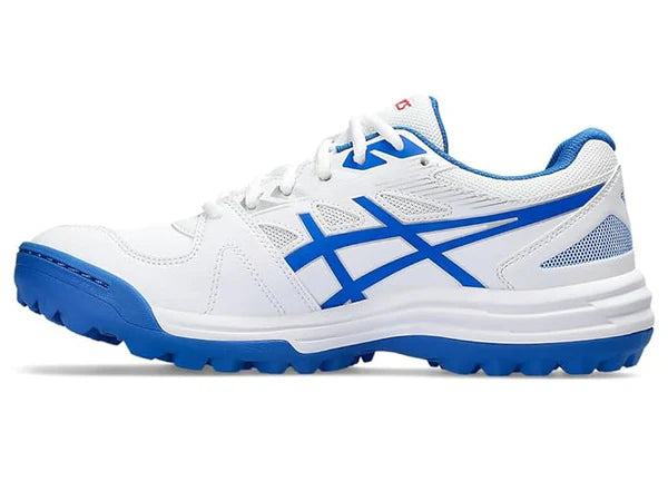Inner medial side view of ASICS Gel Lethal Field cricket shoe in white and tuna blue.