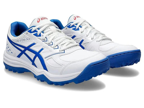 Three-quarter front pair view of ASICS Gel Lethal Field cricket shoes in white and tuna blue.