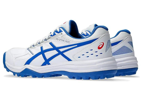 Side view of ASICS Gel Lethal Field cricket shoes in white and tuna blue with rubber stud outsole.