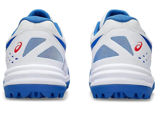 Rear heel view of ASICS Gel Lethal Field cricket shoes in white and tuna blue with red ASICS logo.