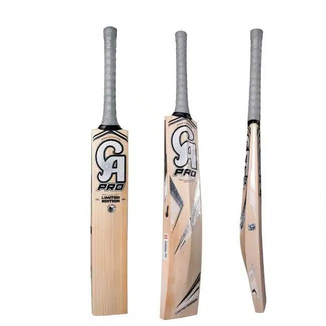 Full straight front face view of CA Pro Limited Edition English Willow Cricket Bat at Alberta Cricket Store.