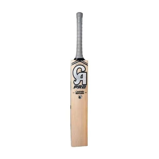 Angled front view of CA Pro Limited Edition Cricket Bat with grey grip at Alberta Cricket Store.