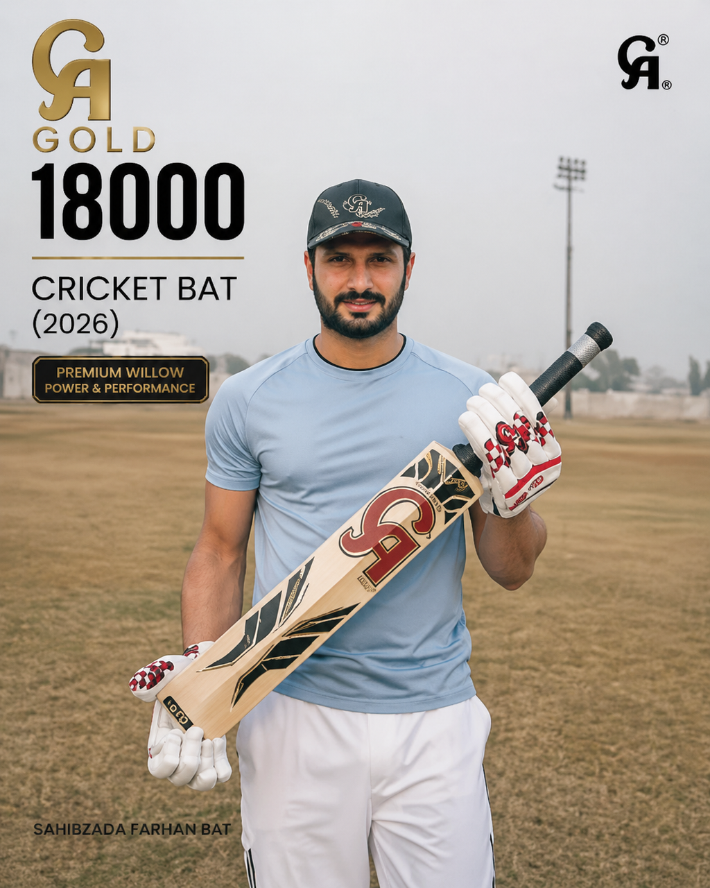 CA Gold 18000 Cricket Bat 2026 Sahibzada Farhan Edition, premium willow bat available at albertacricketstore.com.