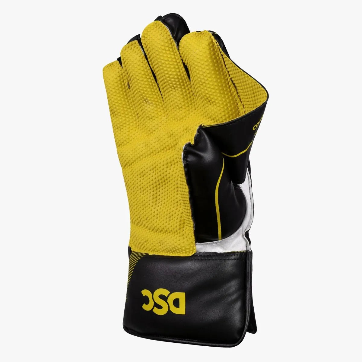 Yellow and black DSC Condor Ruffle Wicket Keeping Gloves available at Alberta Cricket Store