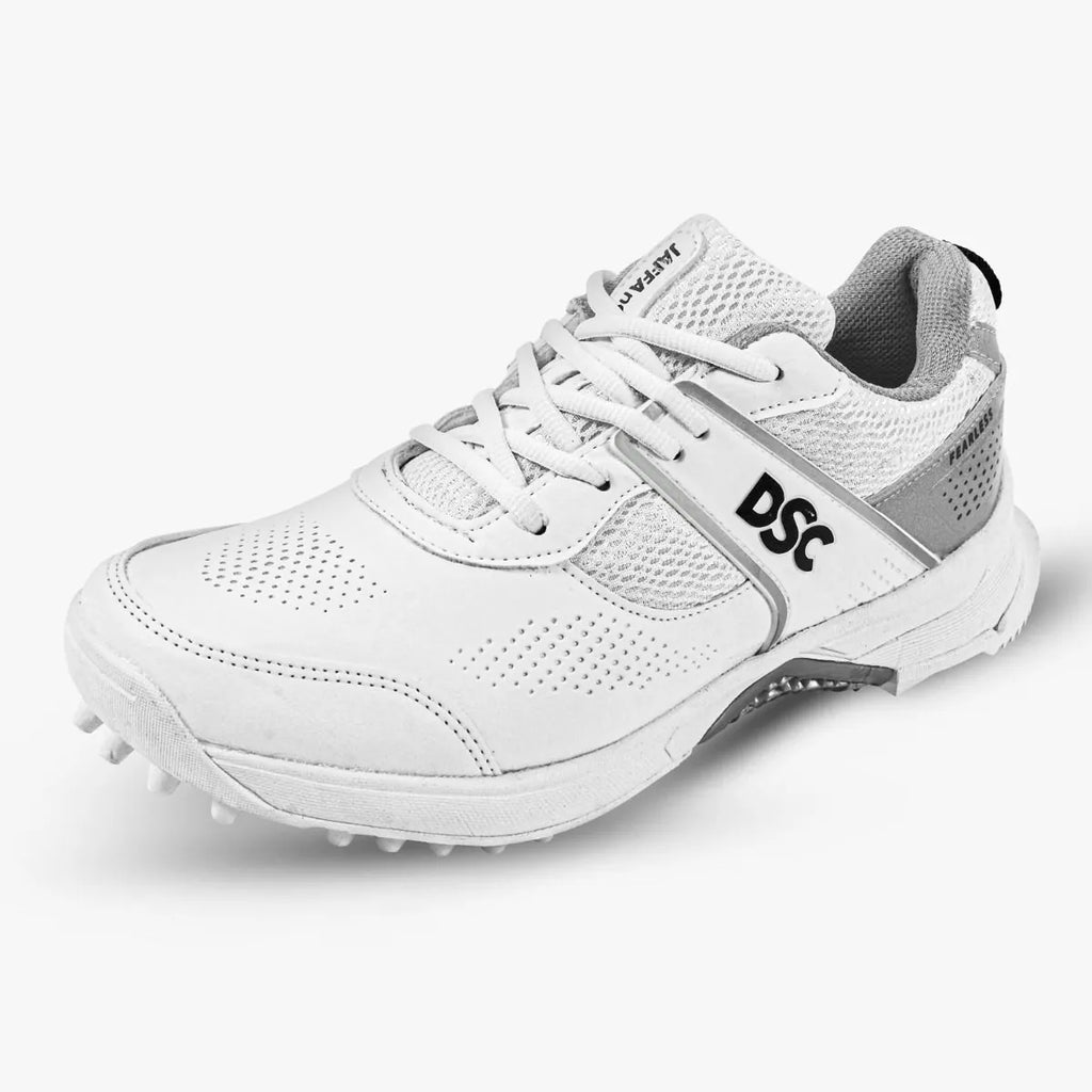 DSC Jaffa Neo cricket shoes in white and grey side profile view at Alberta Cricket Store