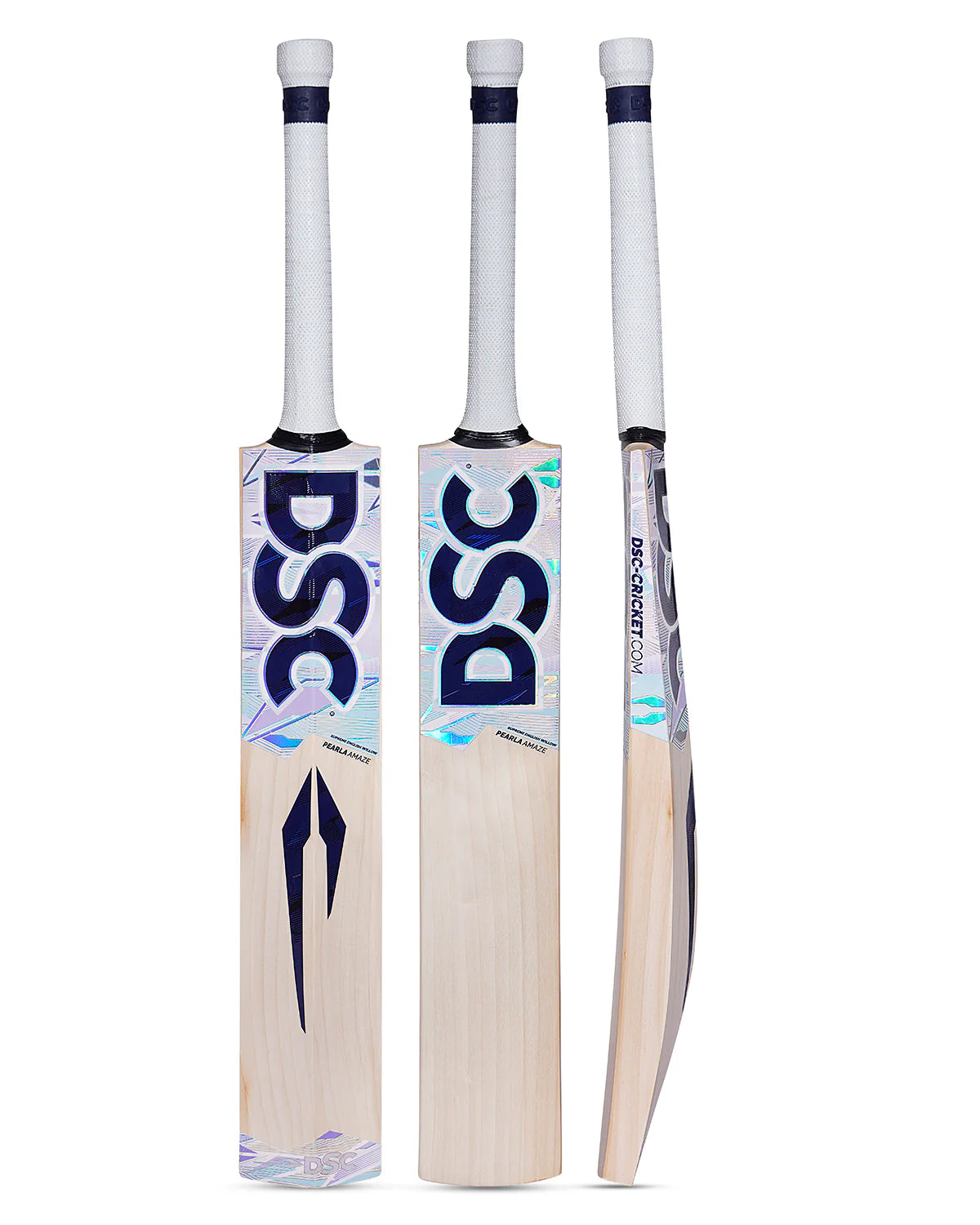 Three-angle product view of the DSC Pearla Amaze Premium Grade 1 English Willow Cricket Bat showcasing the front face, back spine with holographic blue-silver decals, and thick side profile.