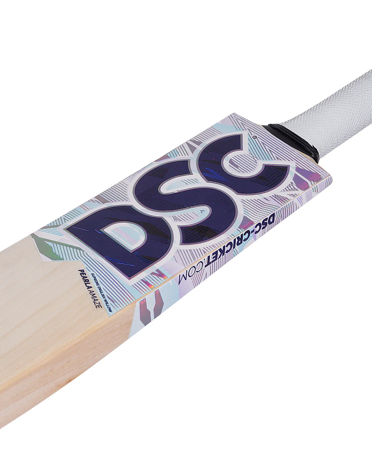 Close-up of the back spine profile of the DSC Pearla Amaze English Willow Cricket Bat featuring vibrant holographic blue and silver geometric decals and a premium white scale grip.