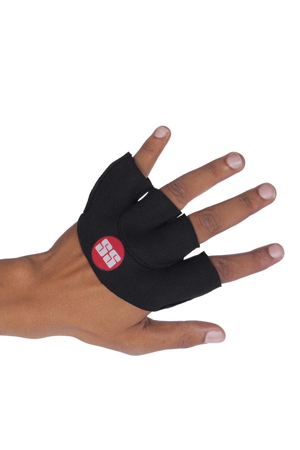 Black SS Pro fielding glove worn on hand showing padded palm grip and exposed fingertips