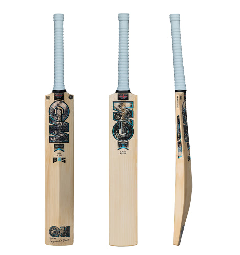 GM Diamond 404 cricket bat showcasing front, back, and side profile views with a premium white grip and detailed dark blue graphics, available at Alberta Cricket Store.