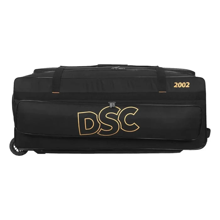 Side view of DSC 2002 Wheelie cricket kit bag in black with gold DSC logo and 2002 model branding on Alberta.