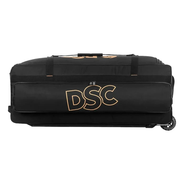 Angle view of DSC 2002 Wheelie cricket kit bag showing heavy-duty tractor wheels on Alberta.