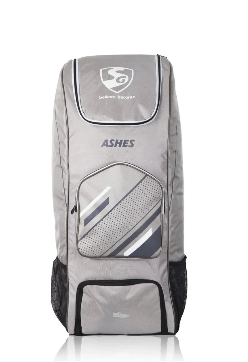 Front view of an SG Ashes Duffle grey cricket kit bag with black accents from Albertacricketstore.com, featuring multiple zippered compartments and a shoe pocket