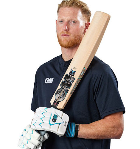 Ben Stokes holding GM Diamond 909 English willow cricket bat wearing matching GM batting gloves available at Alberta Cricket Store